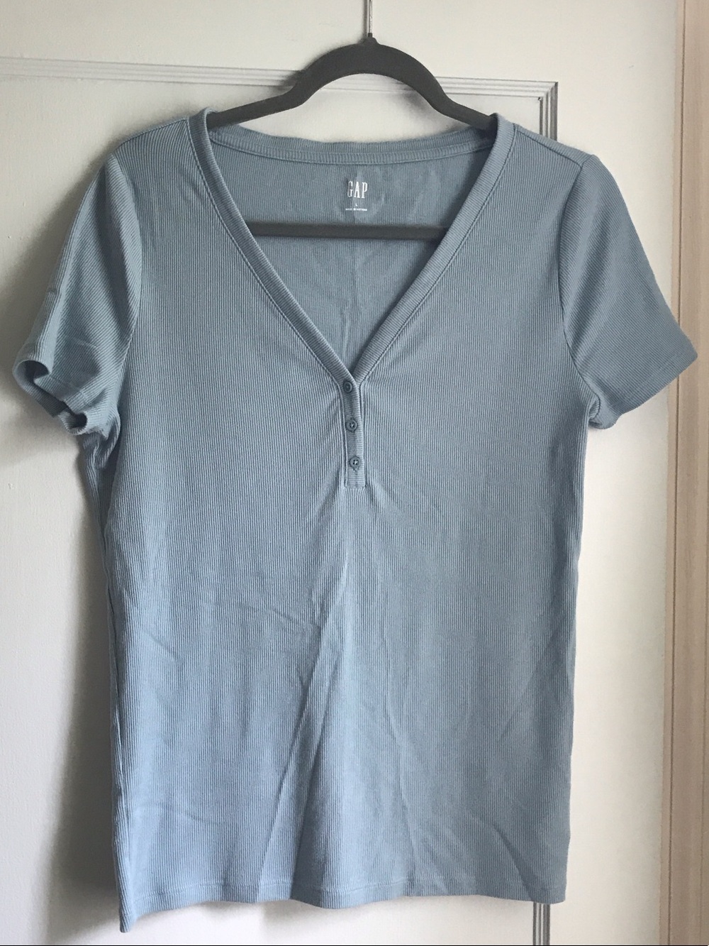 GAP Teal Blue Green Ribbed V-Neck Henley Short Sleeve Top